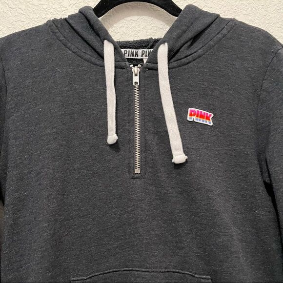 PINK Victoria's Secret Spell Out Logo Hoodie 1/4 Zip Pullover Gray Womens Sz M - Picture 4 of 11